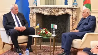 جانب من اللقاء الذي جمع وزير الدولة وزير الخارجية بنظيره الأوكراني. الصورة: لقطة من فيديو لوزارة الشؤون الخارجية.